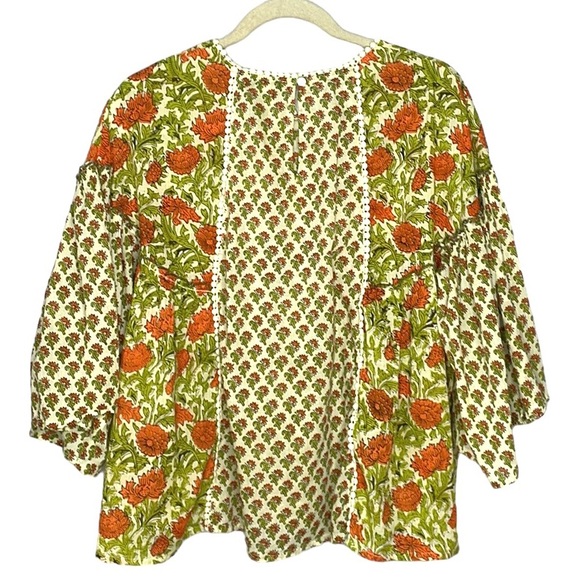 RACHEL ZOE 100% COTTON FLORAL BOHO SHORT SWING TOP 3/4 BELL SLEEVES  SZ XL - Picture 2 of 9
